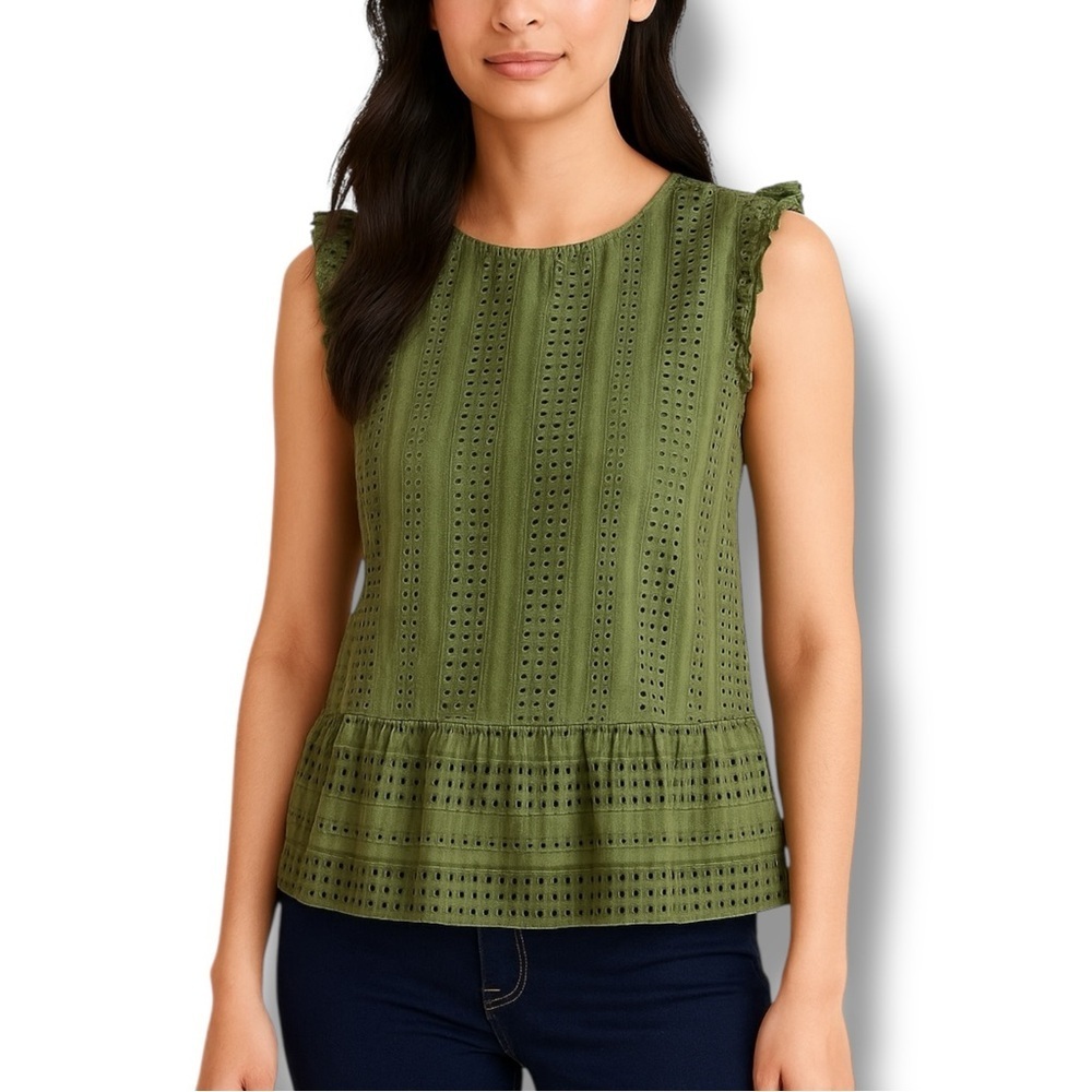 Vineyard Vines Olive Green Sea Spray Peplum Eyelet Top - Medium